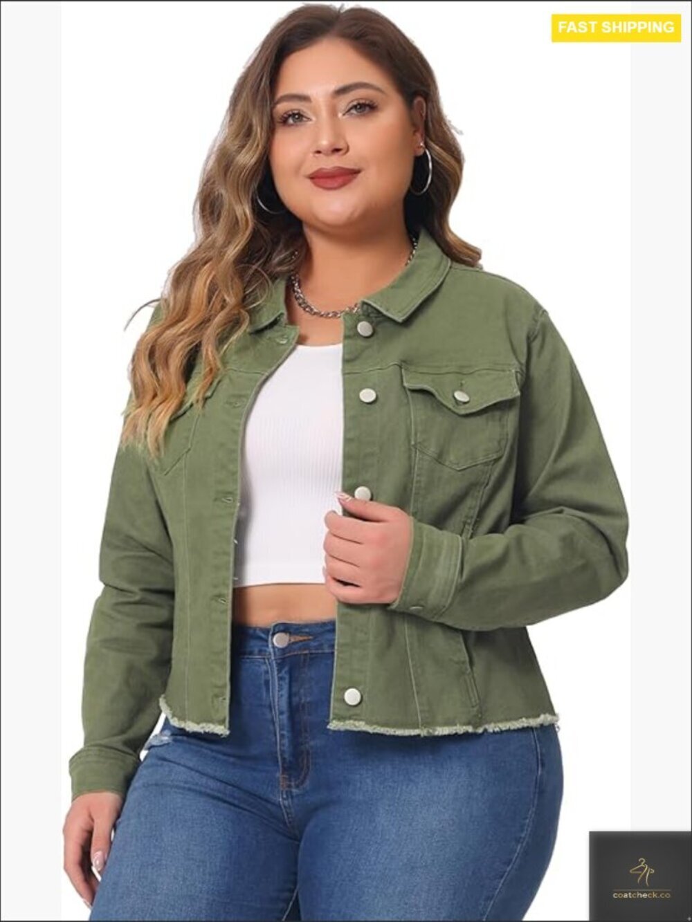 Classic Distressed Denim Jacket Plus Size Frayed Hem Casual Chic